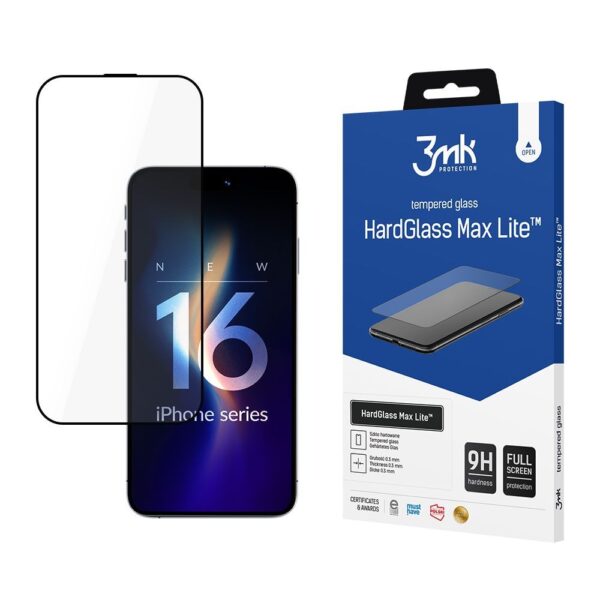 LCD apsauginis stikliukas 3mk Hard Glass Max Lite Apple iPhone 16 Pro/17 juodas